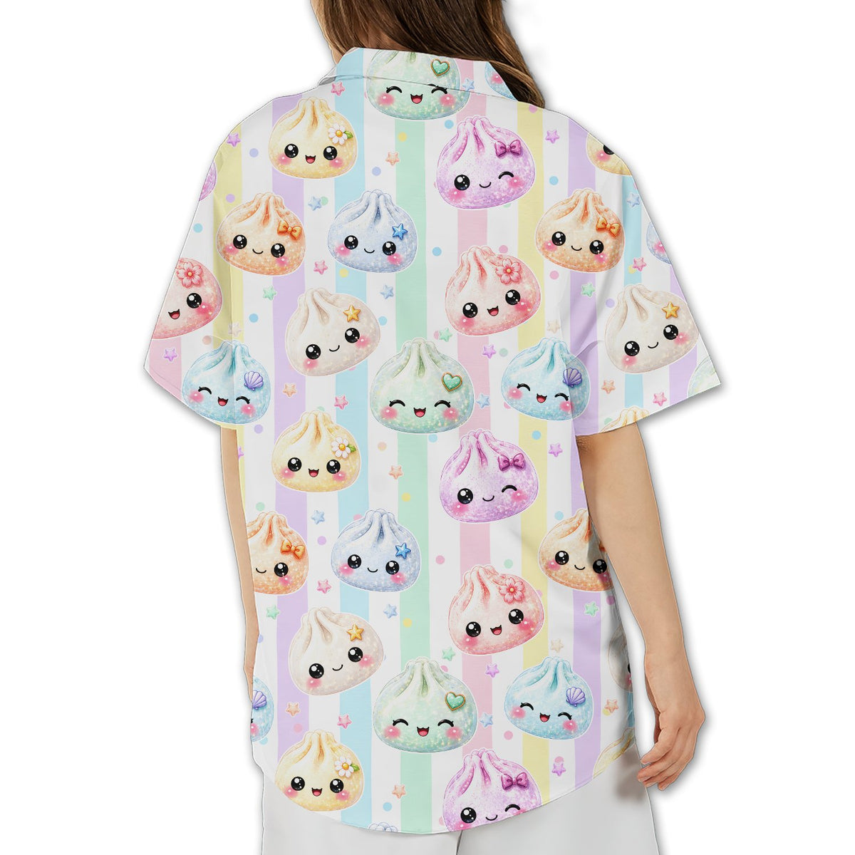 Back view of the kawaii dumplings hawaiian shirt showing the pastel stripes