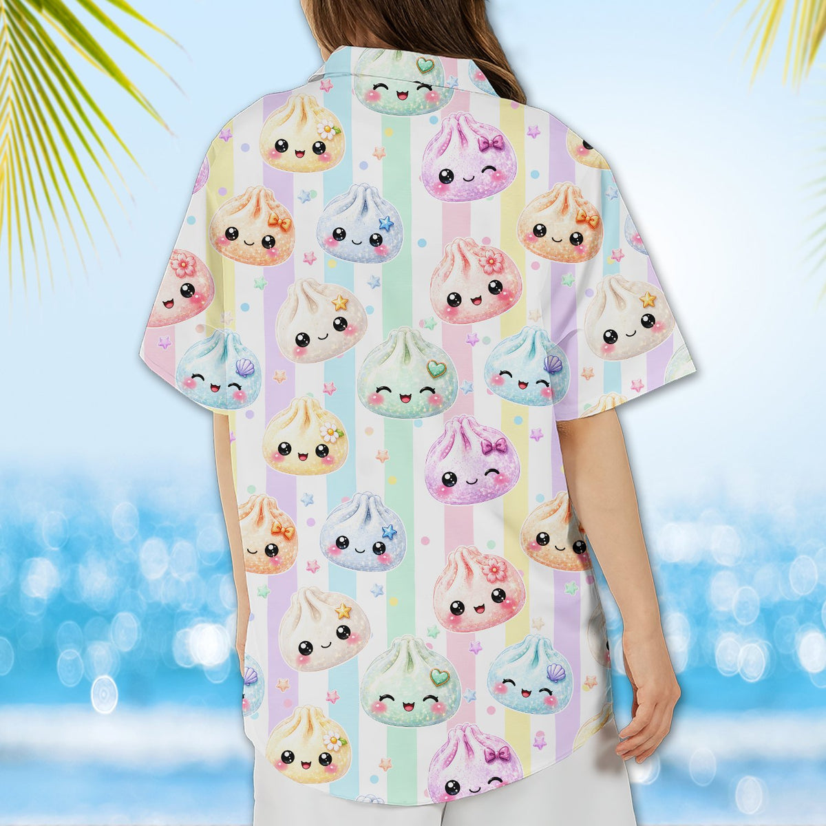 Back view of the matching family hawaiian shirts in kawaii dumpling design