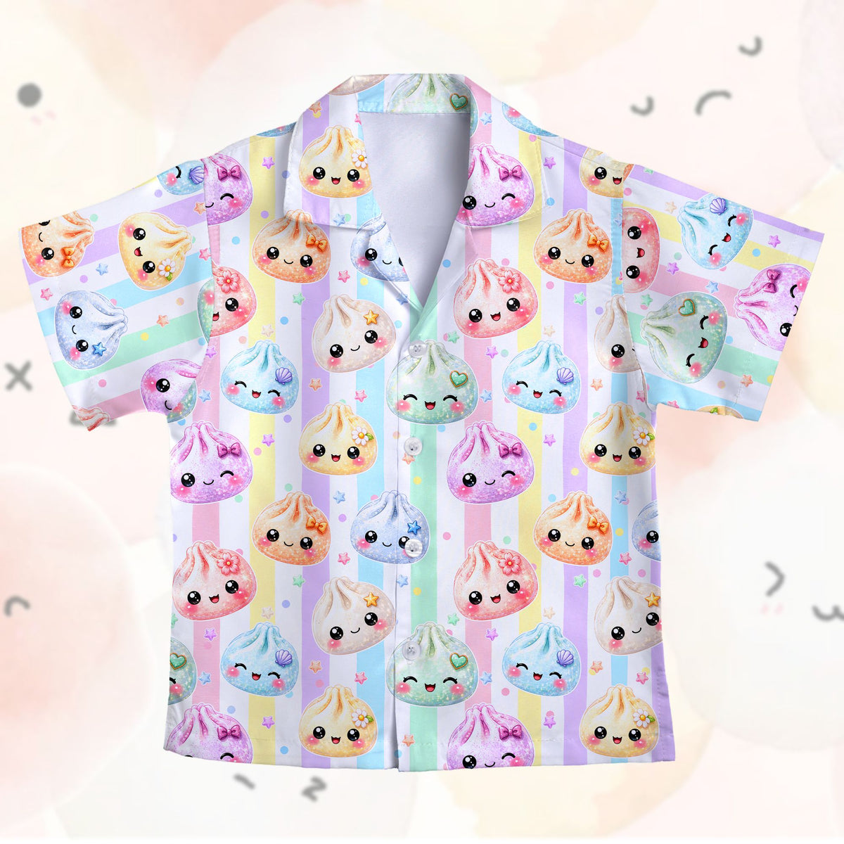Front view of the colorful kawaii dumplings hawaiian shirt showing details