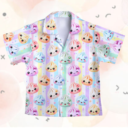 Front view of the colorful kawaii dumplings hawaiian shirt showing details