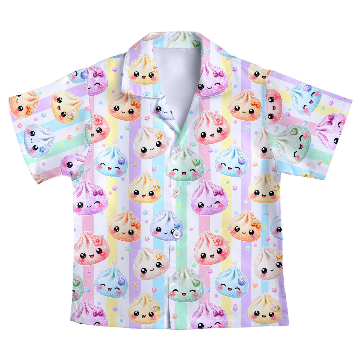 Front view of the kawaii dumplings hawaiian shirt on a model
