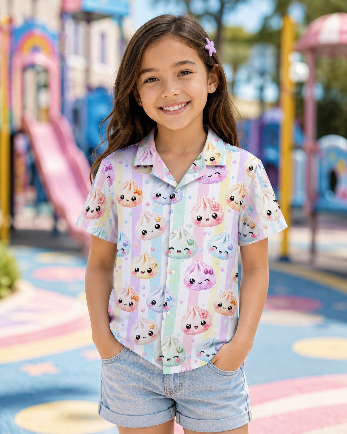 Lifestyle view of someone wearing the kawaii dumplings hawaiian shirt