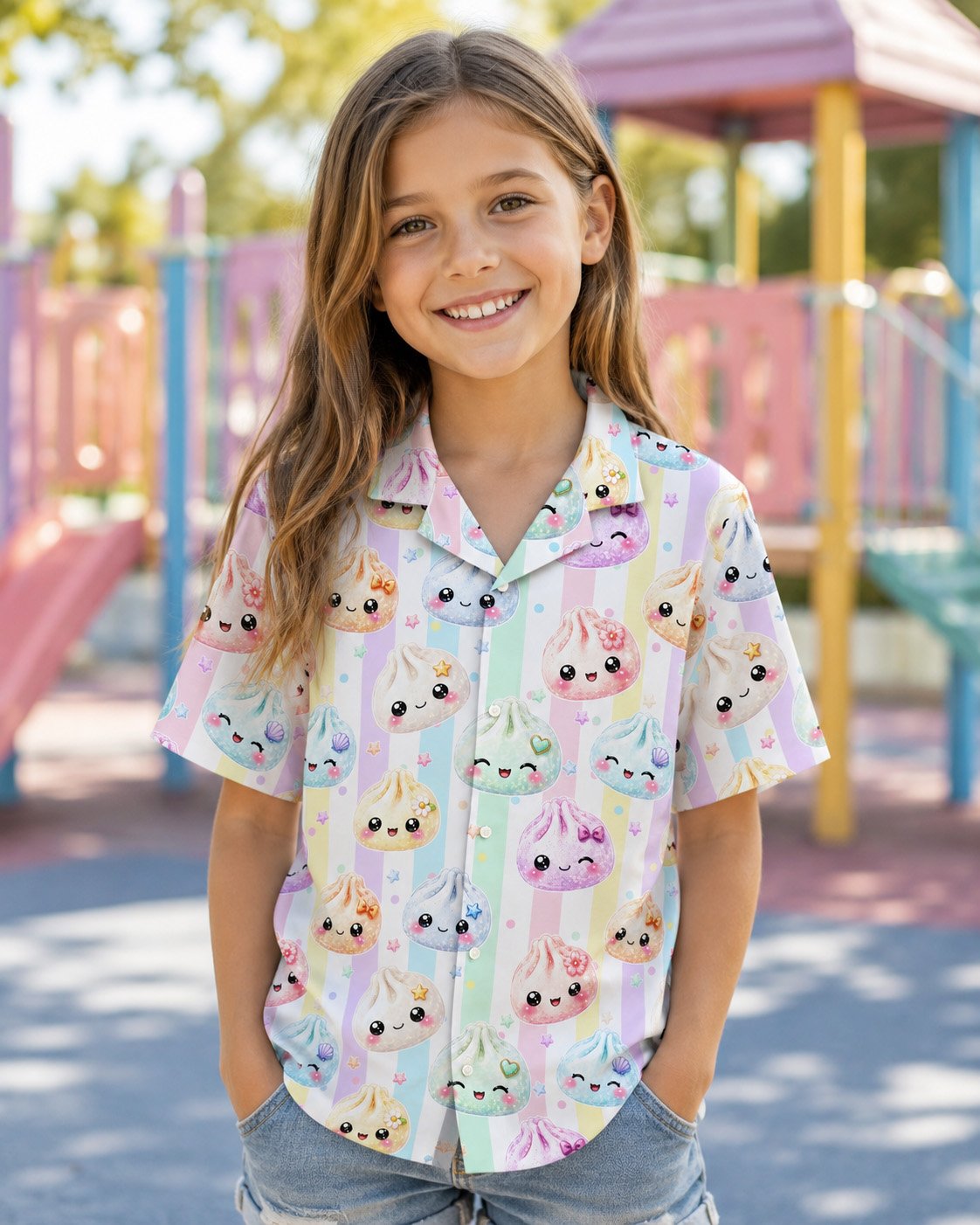 Lifestyle view of the matching family hawaiian shirts outdoors