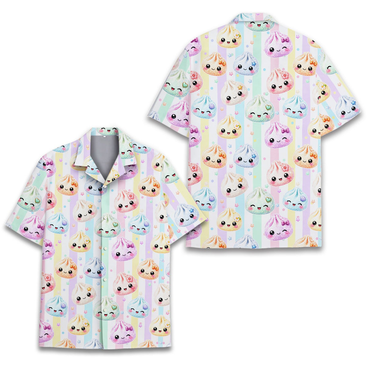 Close up view of the abstract dumpling pattern on the hawaiian shirt