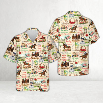 Beige kentucky derby hawaiian shirt featuring horses and mint juleps