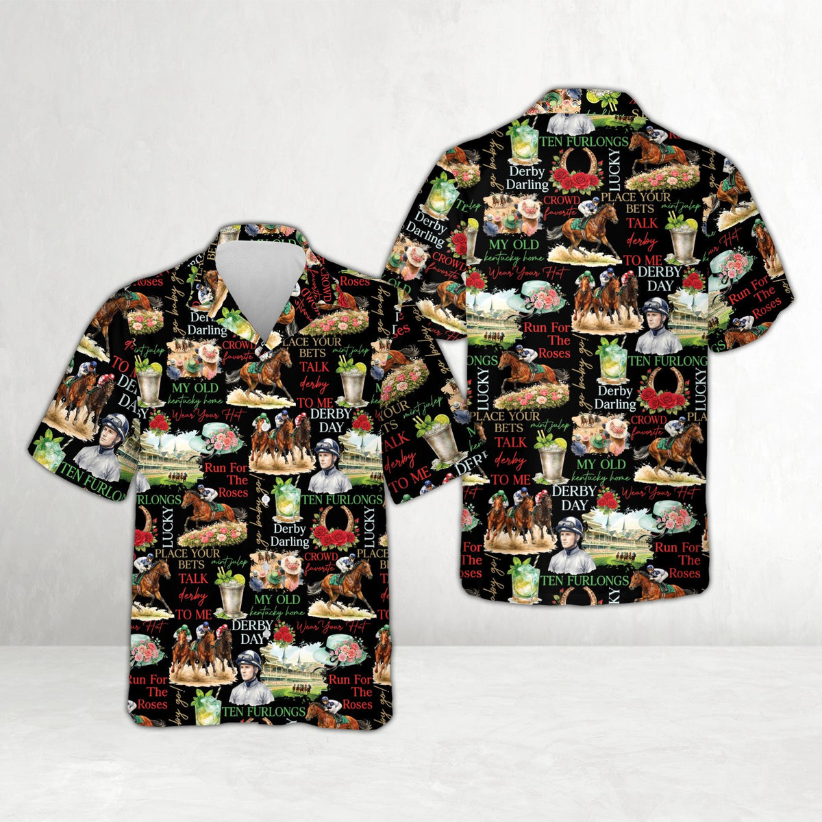 White kentucky hawaiian shirt with black background derby collage design, front view