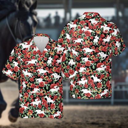 Black front view of the derby hawaiian shirt with golden horseshoes