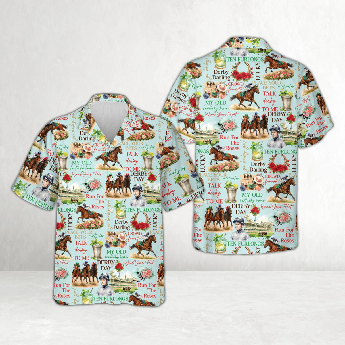 Blue kentucky derby matching family hawaiian shirt, front view