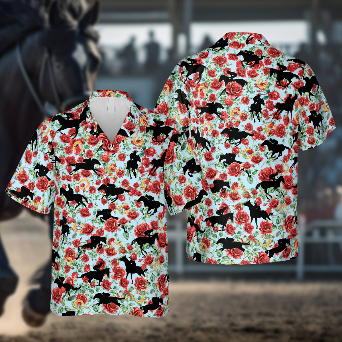Blue front view of the floral kentucky derby hawaiian shirt with horseshoes