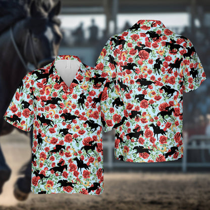 Blue front view of the floral kentucky derby hawaiian shirt with horseshoes