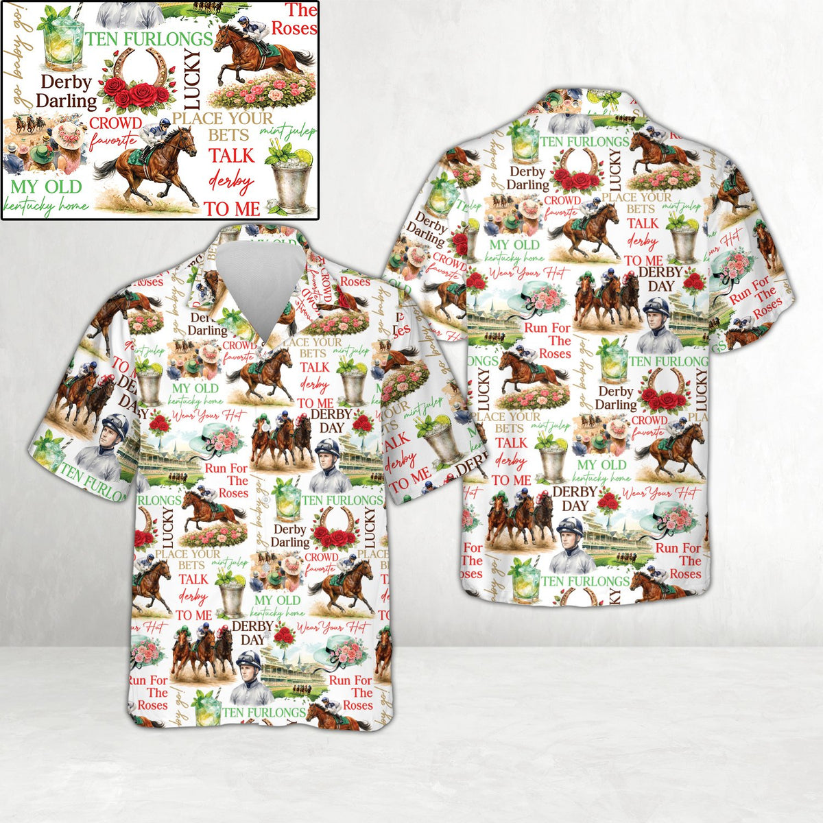 Front view of white kentucky hawaiian shirt with vibrant race day elements