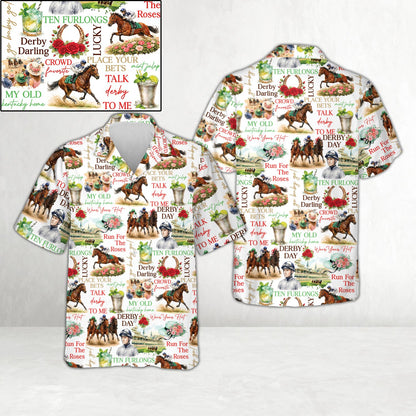 Front view of white kentucky hawaiian shirt with vibrant race day elements
