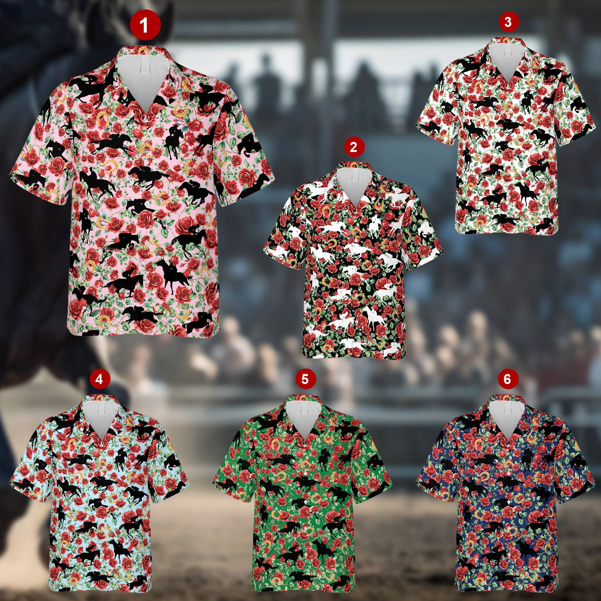 Front view of the kentucky derby hawaiian shirt in a standard colorway with roses and horseshoes
