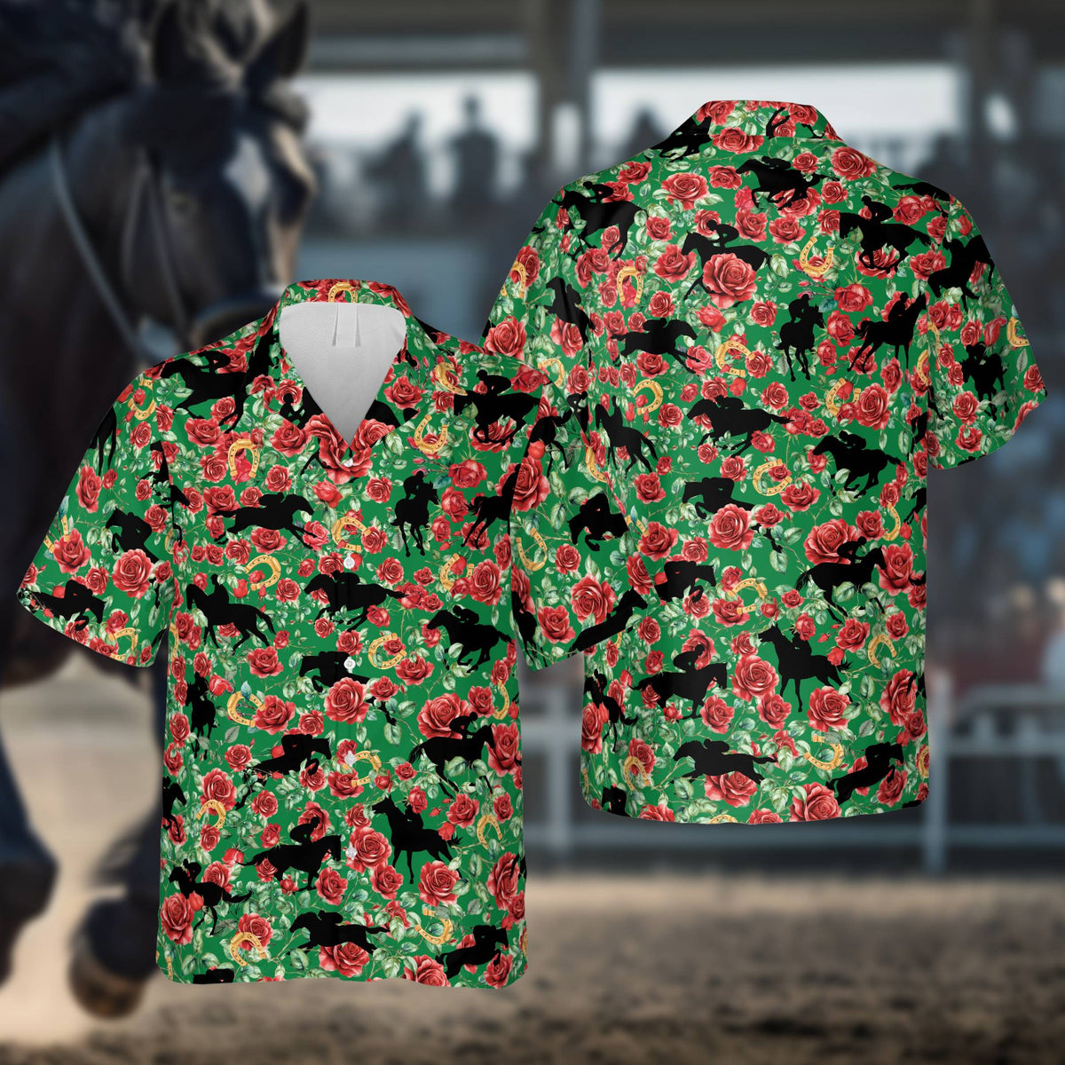 Green front view of the matching family hawaiian shirt with jockey silhouettes