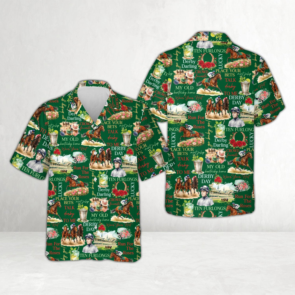 Green kentucky derby hawaiian shirt with roses and jockeys print