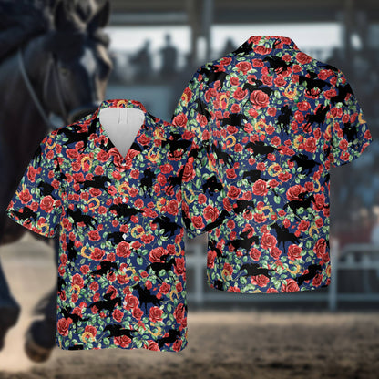 Navy front view of the kentucky derby hawaiian shirt with red roses