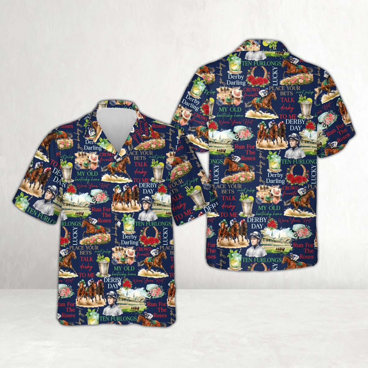 Navy matching family hawaiian shirt with kentucky derby theme, front view