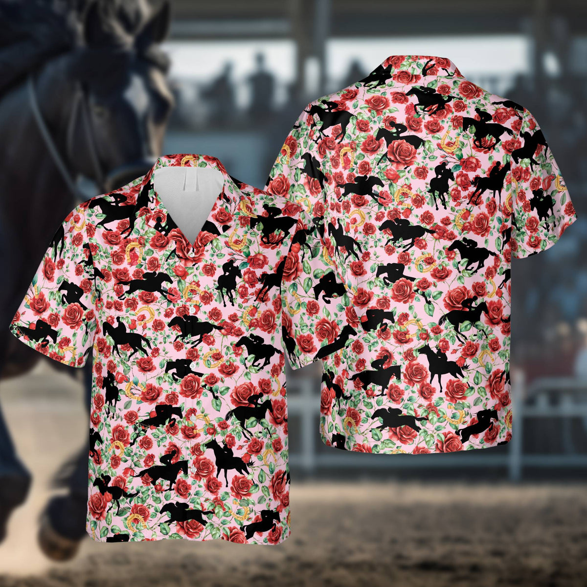 Pink kentucky derby hawaiian shirt featuring red roses and jockey silhouettes, matching family front view