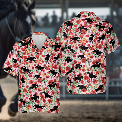 Pink kentucky derby hawaiian shirt featuring red roses and jockey silhouettes, matching family front view