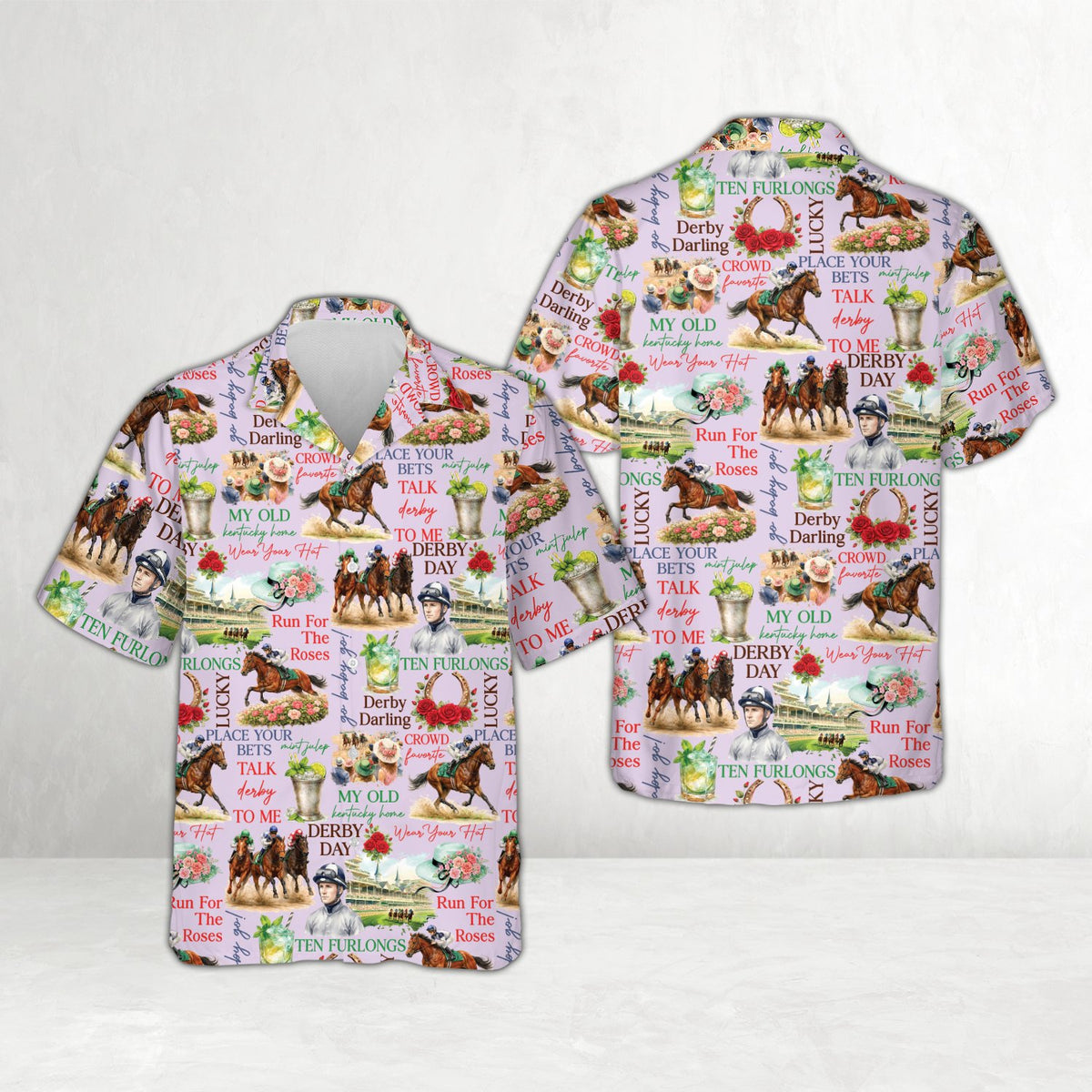 Pink kentucky hawaiian shirt with derby collage design, front view