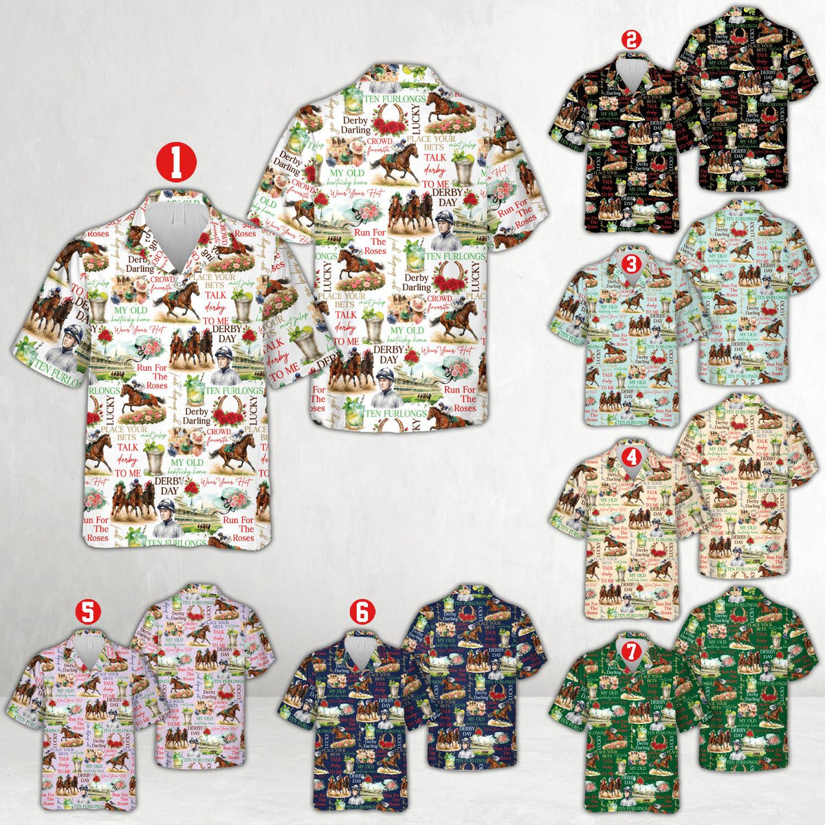 Detailed view of the all-over kentucky derby print pattern