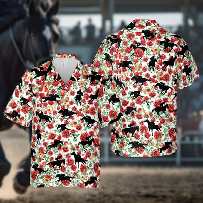 White front view of the matching family hawaiian shirt with racing theme