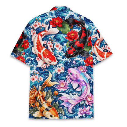 Back view of koi fish and lotus hawaiian shirt
