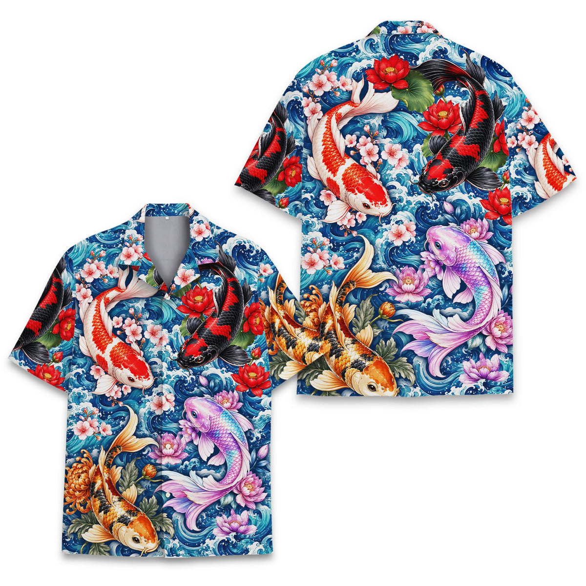 Front view 2 of blue koi hawaiian shirt