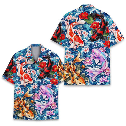Front view 2 of blue koi hawaiian shirt
