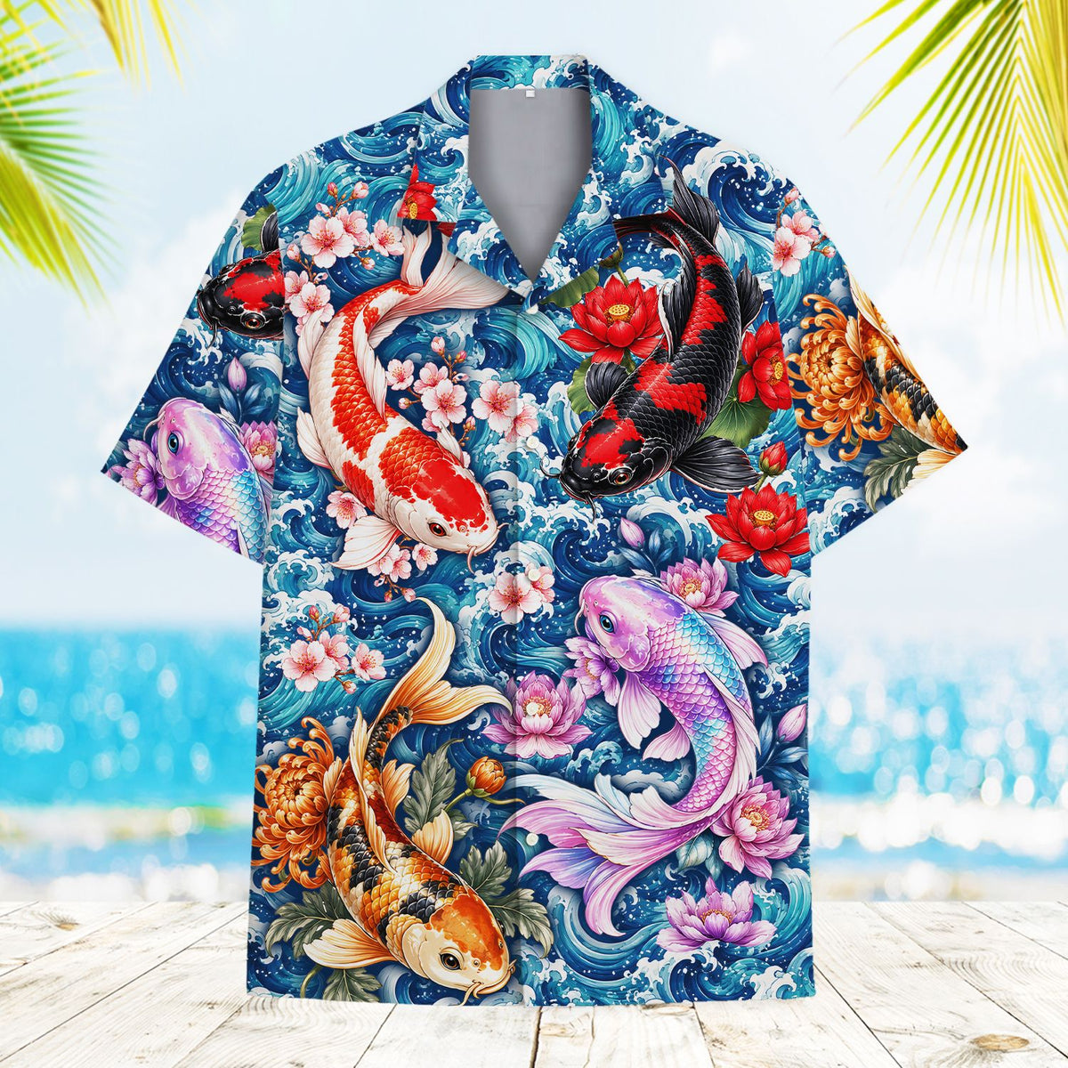 Front view of matching family hawaiian shirts featuring koi fish