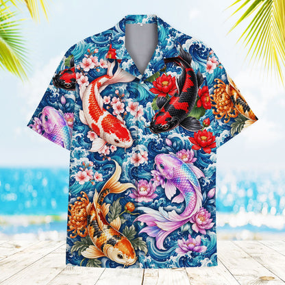 Front view of matching family hawaiian shirts featuring koi fish