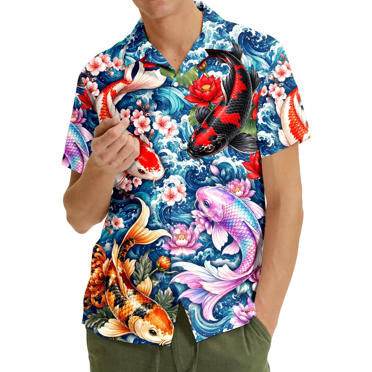 Lifestyle view 3 of blue koi fish and lotus shirt