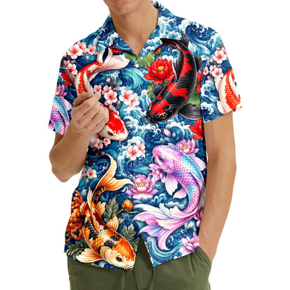 Lifestyle view 3 of blue koi fish and lotus shirt