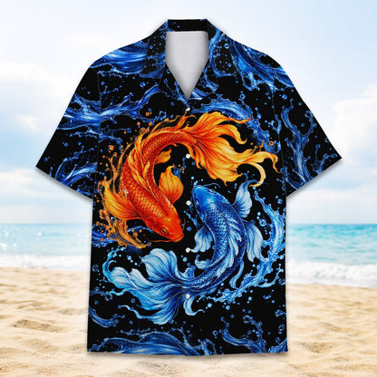 Detailed front view of the koi fish hawaiian shirt