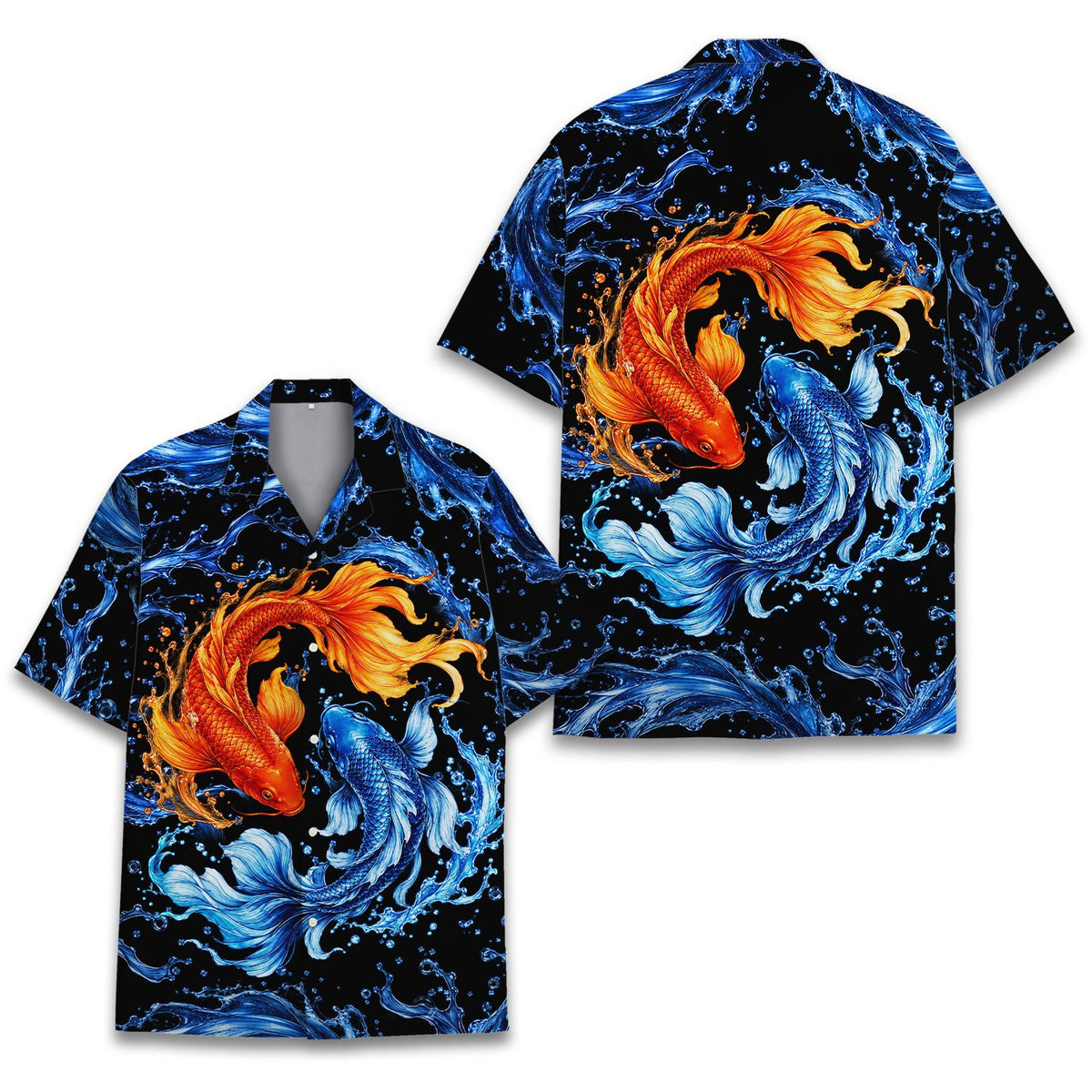 Alternative front angle of the black and blue fish hawaiian shirt