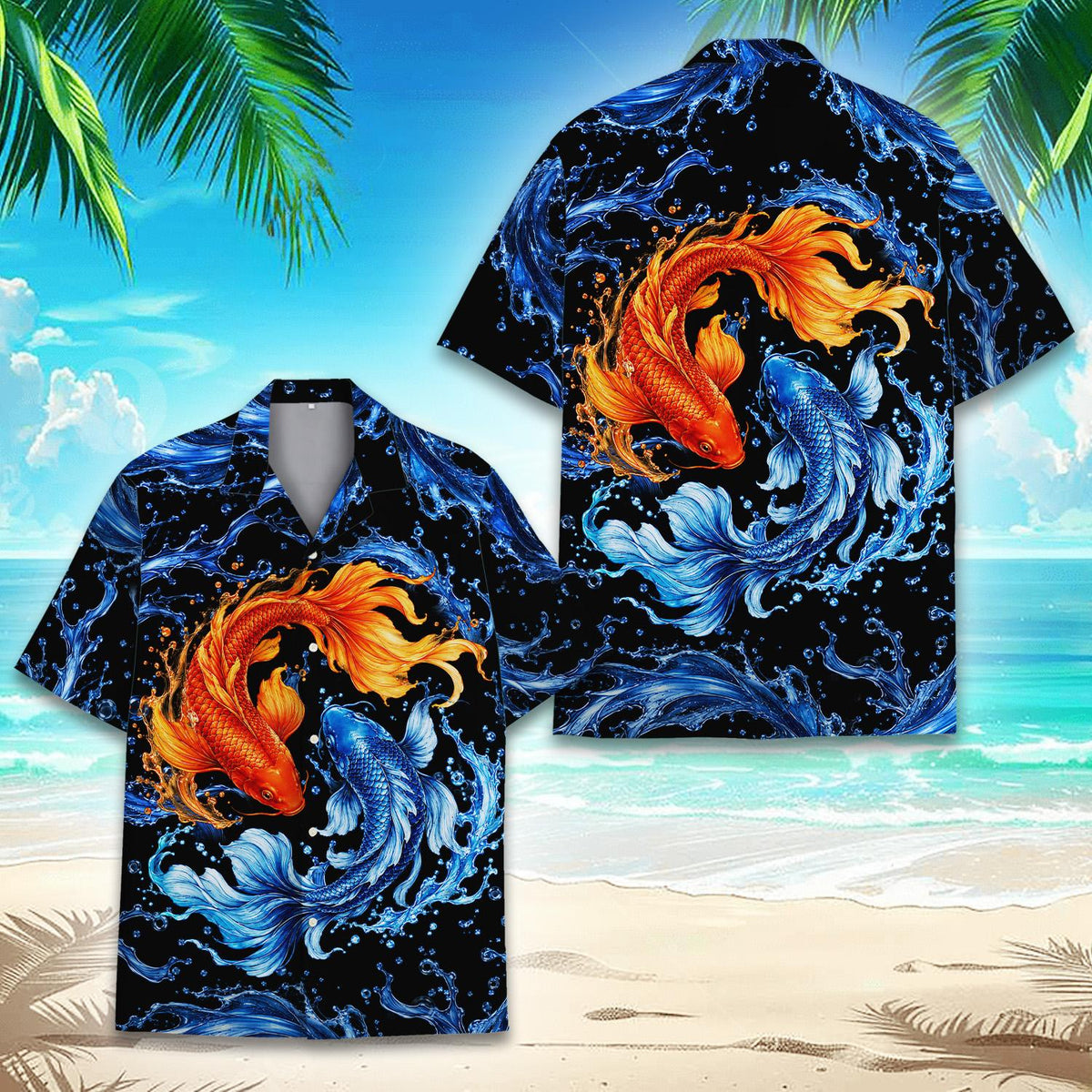 Main front view of the hawaiian shirt with fish showing abstract koi design