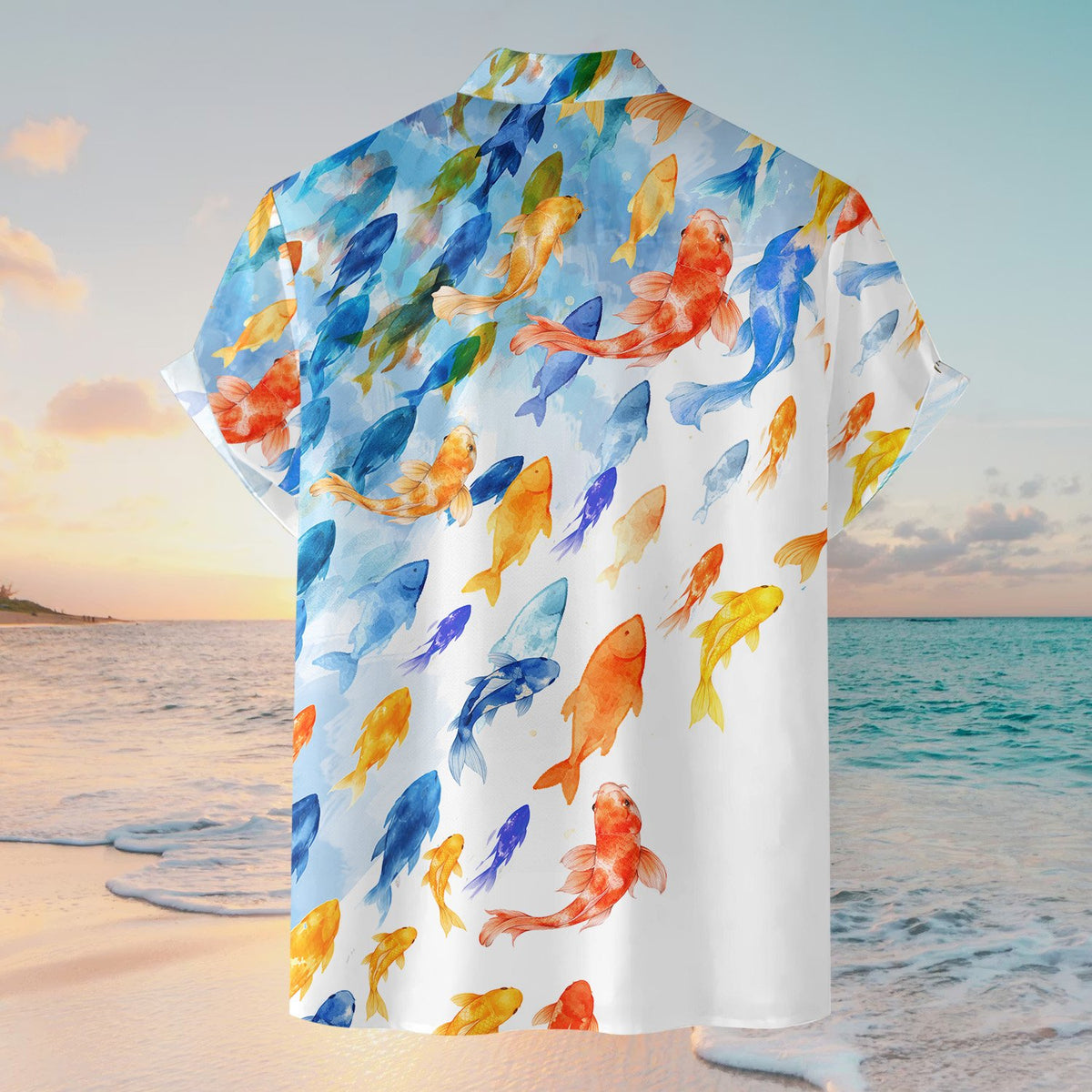 Detailed back view of the abstract koi fish pattern on the hawaiian shirt