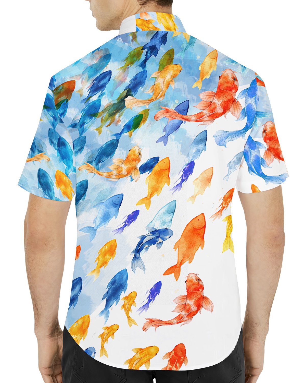Back view of the white koi hawaiian shirt showing the continuous watercolor pattern