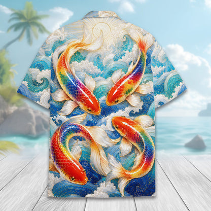 Back view of the koi fish hawaiian shirt showing the continuous wave design