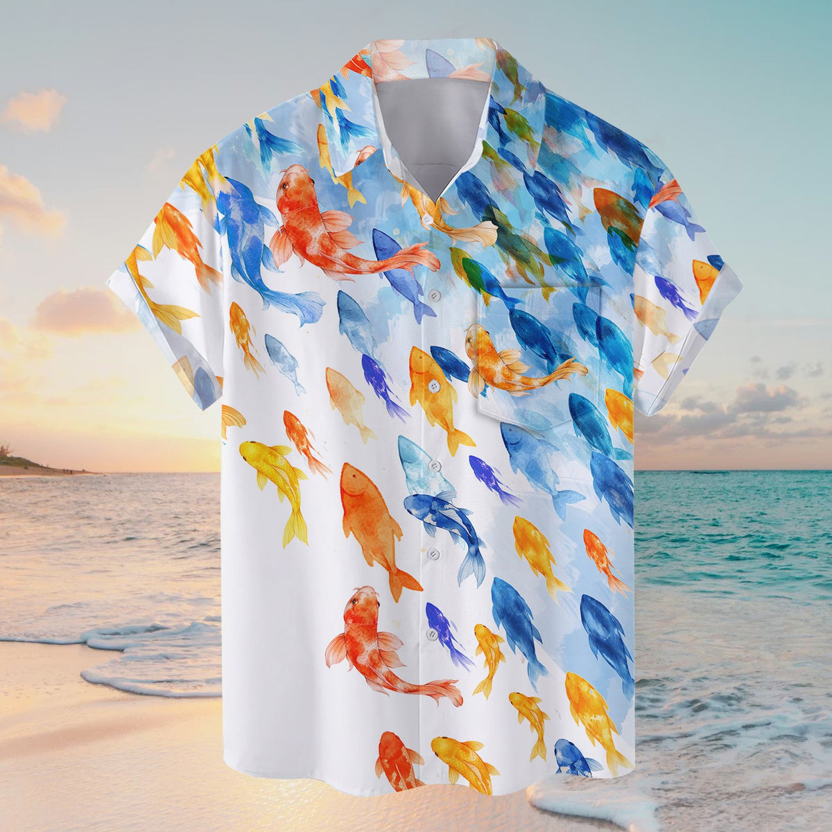 Close up front view of the tropical fish hawaiian shirt pattern