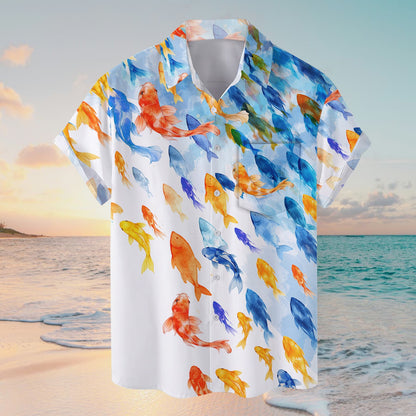 Close up front view of the tropical fish hawaiian shirt pattern