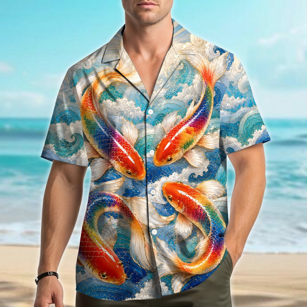 Alternate front view of the koi fish hawaiian shirt