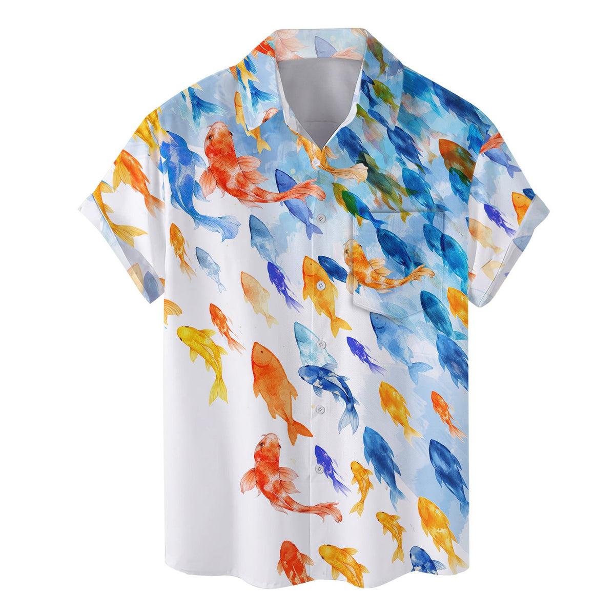Another front angle of the white koi hawaiian shirt showing the button closure