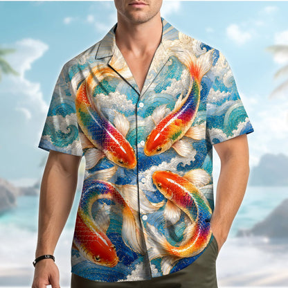 Close up front view of the koi fish hawaiian shirt pattern