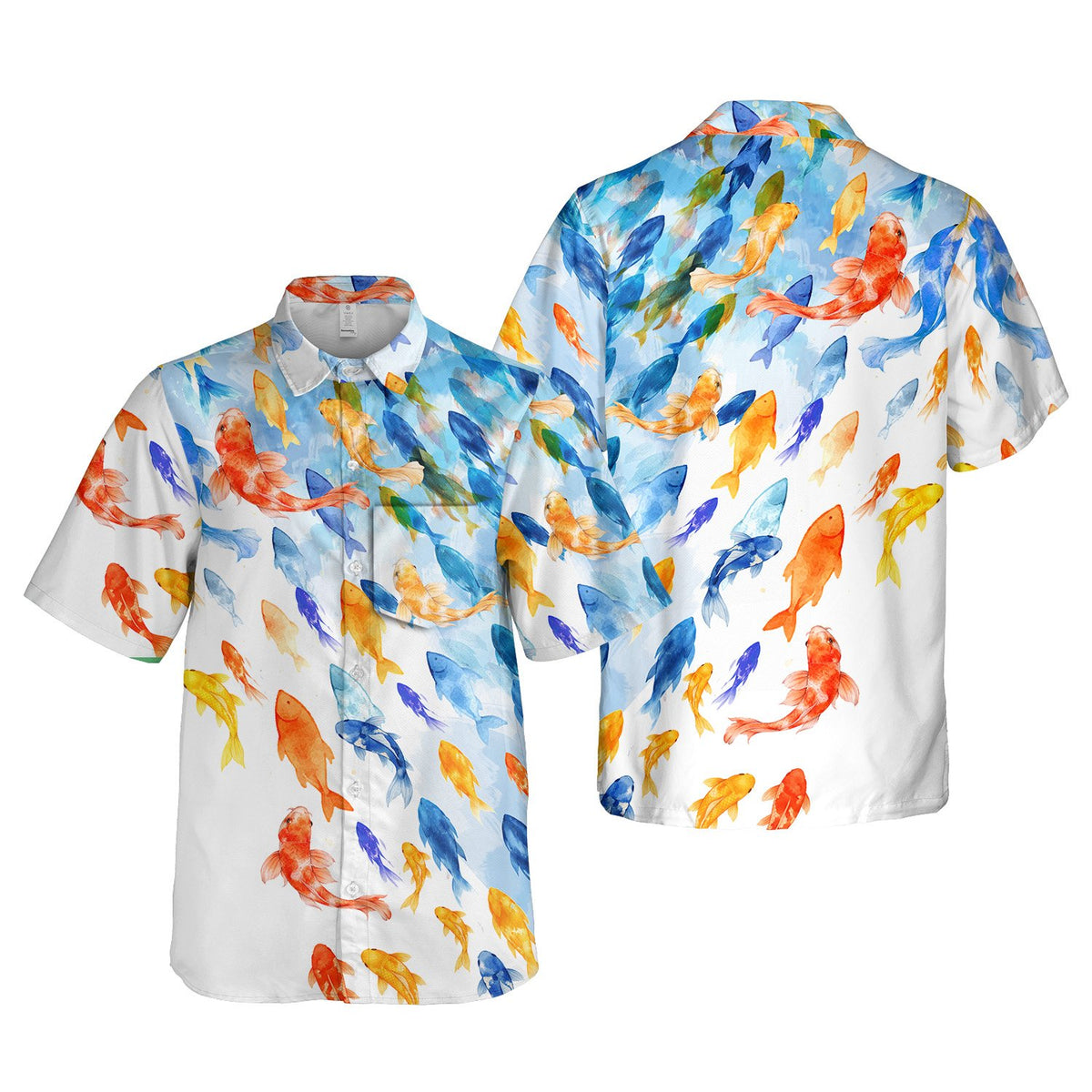 Styled front view of the matching family hawaiian shirt in white and blue