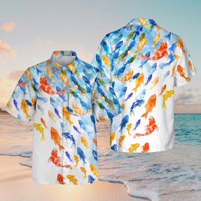 White koi hawaiian shirt for family matching with vibrant watercolor design, front view
