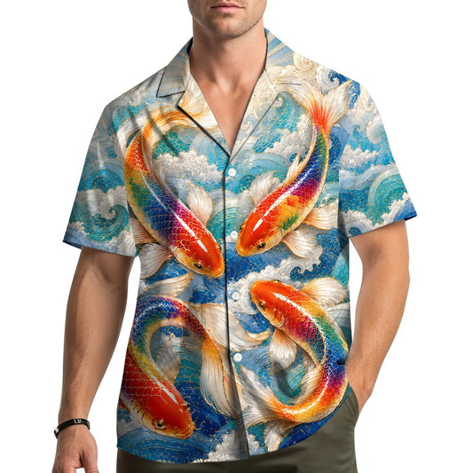 Main view of the koi fish hawaiian shirt with vibrant blue waves