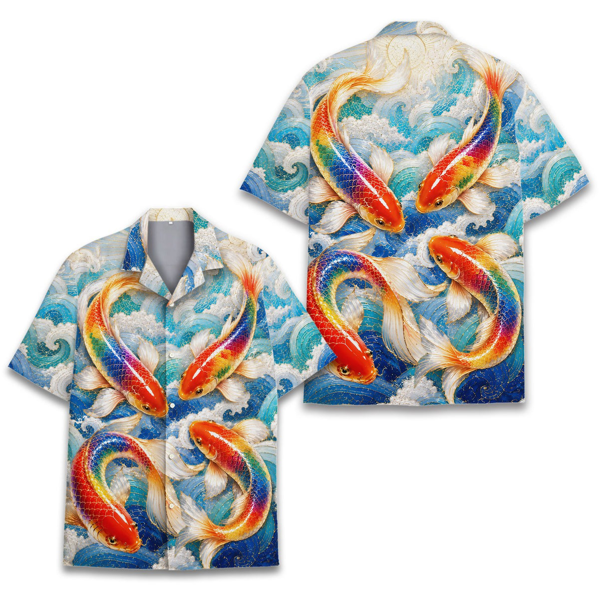 Second lifestyle view of a person in the koi fish hawaiian shirt