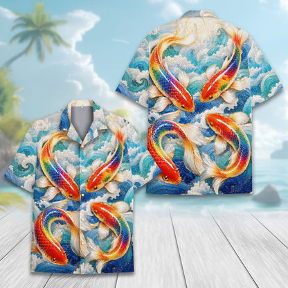 Third lifestyle view showing the koi fish hawaiian shirt outdoors