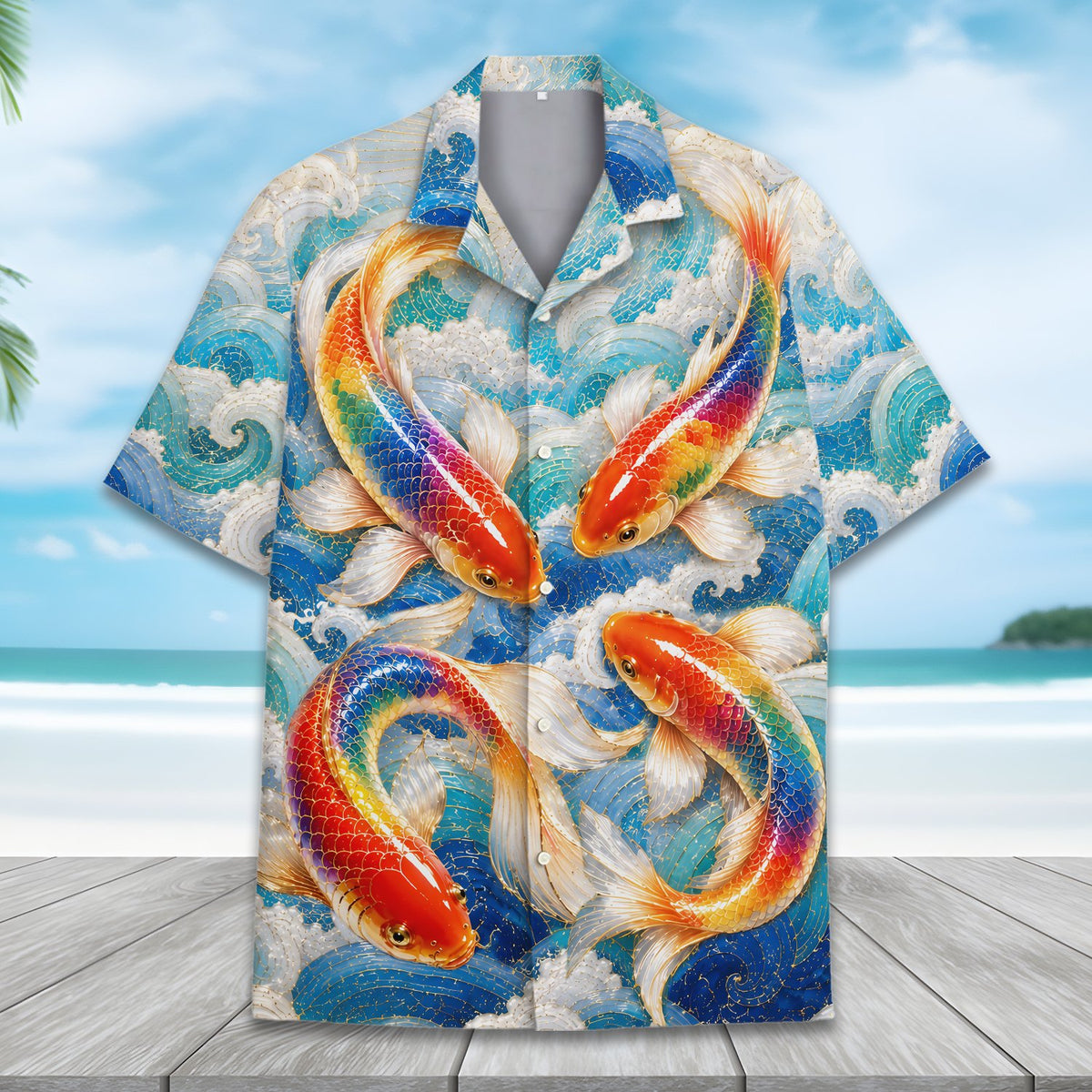 Another detail view highlighting the gold accents and blue waves on the shirt